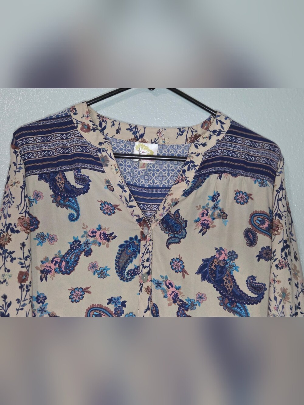 Fig & Flower Boho Paisley Floral Button Up Tunic Blouse-Roll Tab Sleeve-Size Lg - Picture 5 of 11
